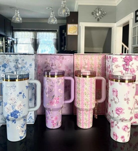 1 2026 US STOCK 40 OZ Blue Magnolia Pink Rose Lilac Floral Cups 40Oz Stainless Steel Tumblers With Handle perfume Lid cologne And Straw Travel Car Mugs Water Bott 16