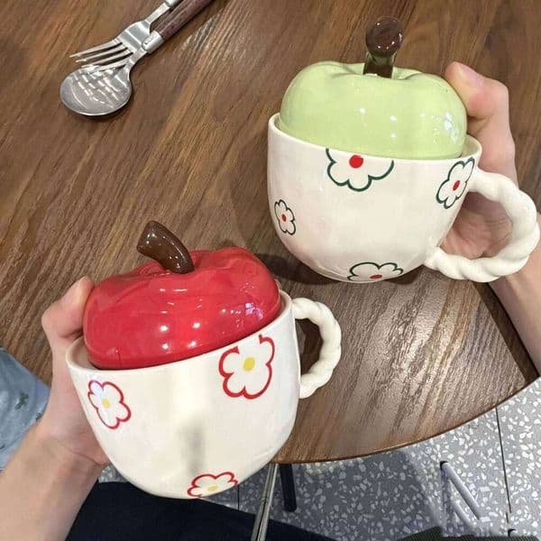 Cute Apple Ceramic Mug With Lid, Lovely Water Cup Women, Aesthetic Home Gift For Girlfriend Best Friend Couple 26W0606