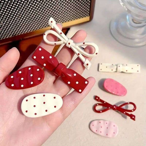 6/8pcs Sweet Playful Angora Red Bow Clip Set with Simple Bangs and Side Hair Clips Versatile as Girl's Heart Accessory