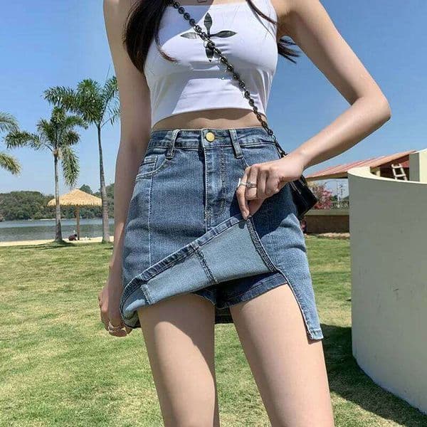 Denim Short Women's New Summer High Waist Split Half Body Retro Wrapped Hip A-line Pant Skirt 26W0606