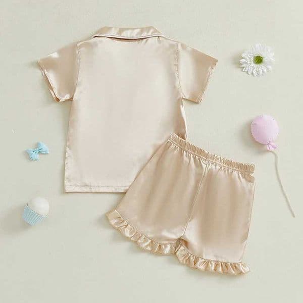 Children Girl 1-10Y Summer Pajamas Sets Solid Satin Lapel V Neck Short Sle Button Shirts Ruffled Shorts Loungewear Nightgowns J260606