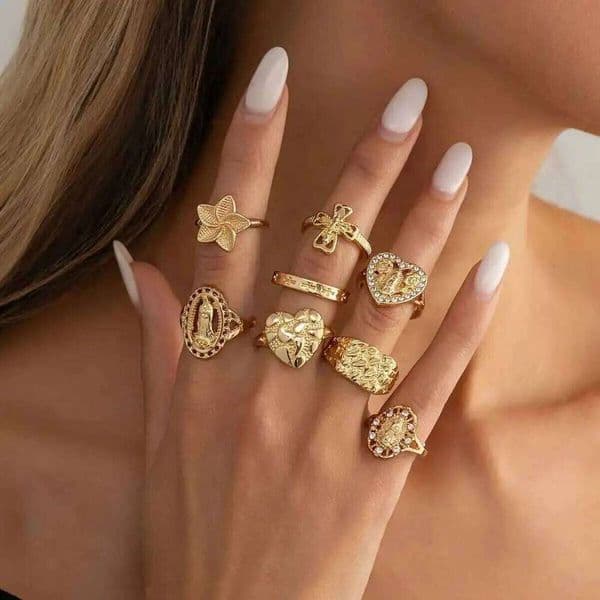 Ingemark 8Pcs/Set Trendy Gold Color Cross Virgin Mary Open Women Exquisite Heart Inlaid Rhinestone Finger Ring New Jewelry