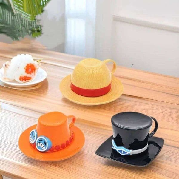 Cartoon Ceramic Mug Water Sabo Luffy Ace Shaped Three Brothers Hat Creative Mugs Coffee Cup and Saucer Set 26W0606