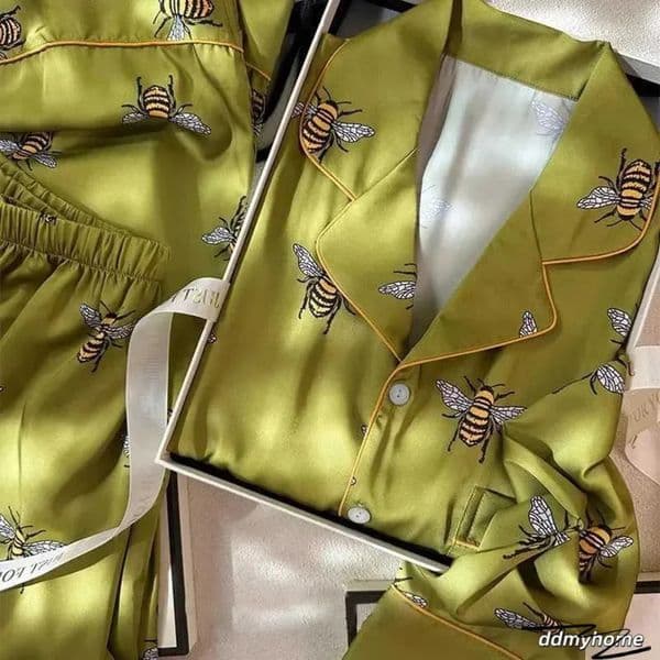 2026 New Lingerie pijamas woman Bee Print Women's Pama Set - Faux Silk Satin 2-Piece Pyjama Long Sleeve Sleepwear For Spring/Autumn Free Shipping 14