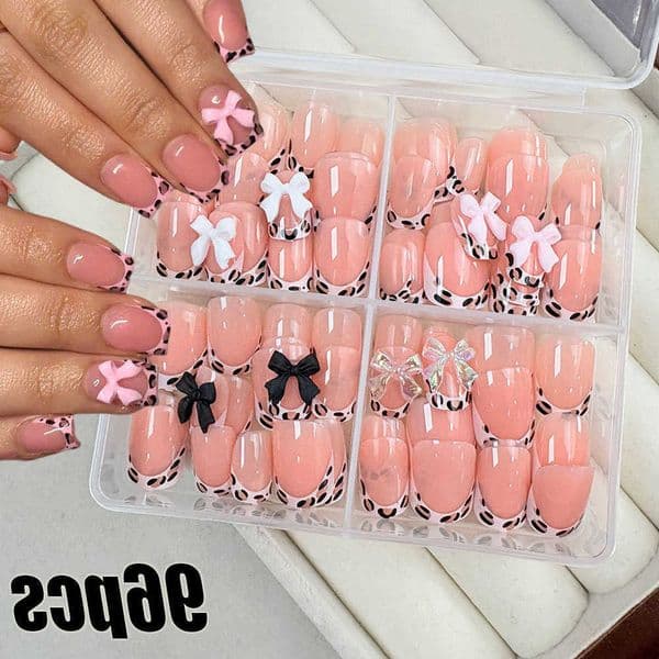 Bowknot Leopard French 24/96pcs Nude False Nails Short Round Square Press On Nails Y2K Cute Leopard Bow Actylic Fake Nails Tips.R260606