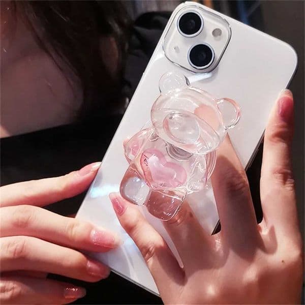 Korean Cute Love 3D Bear Clear Phone Holder Grip Tok port For IPhone 16 Pro Max Accessories Folding Finger Ring Stand J260606
