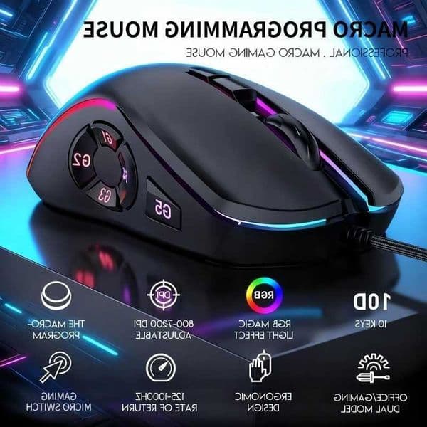 Wired Gaming Office Mouse 7200DPI RGB Backlit Mouse 6 Adjustable DPI Levels/10 Programmable Buttons/Back to Desktop Button Mouse L260608