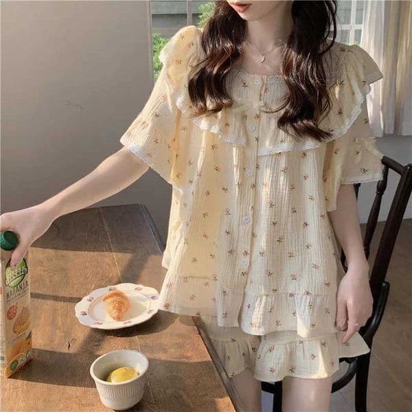 Summer New Womens Princess Style Sweet Pajamas Homewear Set Girls Lace Small Floral Summer Short-Sleeved Shorts Loose Pajamas L260525