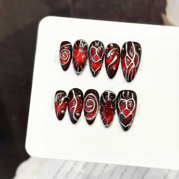 on 10pcs Handmade Nails Press Retro Red Brown Cats Eye Fake Nail Tips Wearable Y2K Long Almond Flash Cool 3D False Nails Decor.R260606