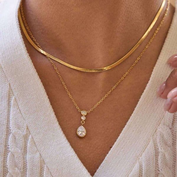 Uworld Classic White Water Droplet Zircon Pendant O-Chain Blade Chain Double-Layer Necklace For Women 18K Gold Plated Jewelry