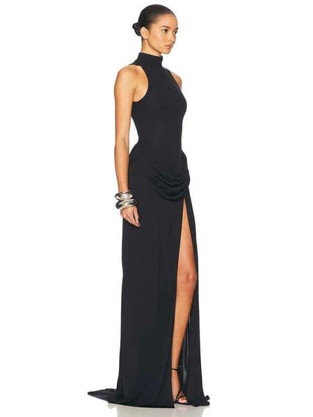 Blifanbo Turtleneck Off-shoulder Sleeveless Thigh Split High Waist Pleated Maxi Dress For Women Elegant Fashion Club Party Dress C260606