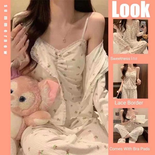 Pajamas Female Long-Sleeved Spring And Autumn Suspenders Trousers Three-Piece Set With Cushion Sweet Pajamas Homewear Suit L260525