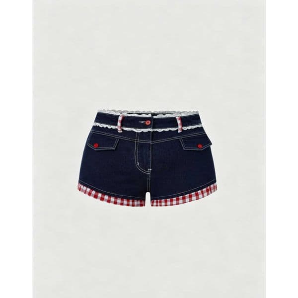 European and American retro style dark denim low rise shorts with red and white checkered lace decoration L260606