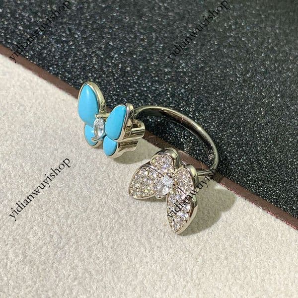 Designer Jewelry V Gold Exquisite Ring White Mother-Of-Pearl Double Full Diamond Butterfly Design Blue Turquoise Luxurious van cleefring