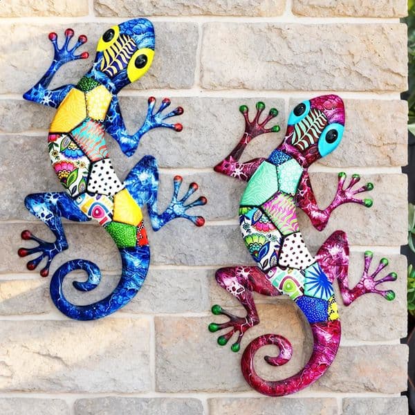 Large Metal Art Gecko Wall Decor Vibrant Iron Lizard Sculptures Hanging Ornament for Outdoor Home Office Yard Garden 260605