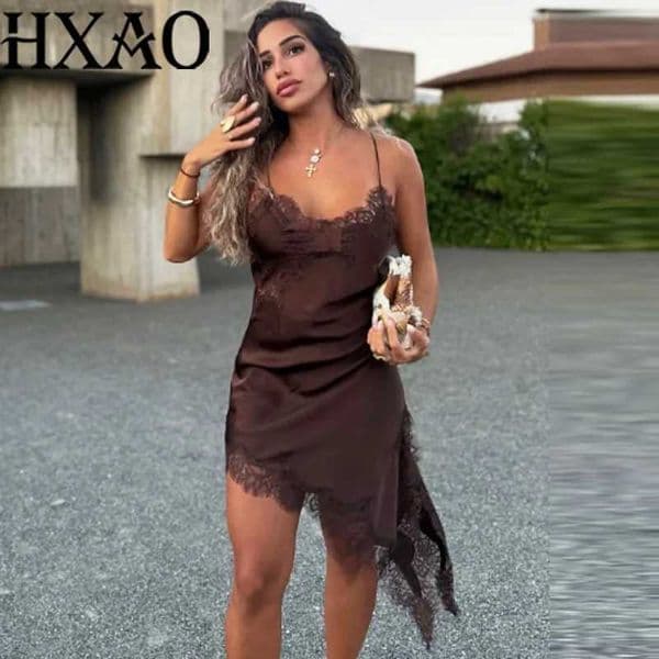 HXAO Slip Womens Dresses Sleeveless Black Lace Dress Woman Asymmetrical Elegant Party Dresses Sexy Backless Satin Yellow Dress C260606