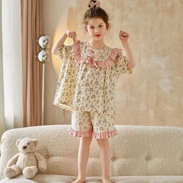 Floral Cute Sweet Print Pattern Girls Pajama Set Summer Short Sled Childrens He Clothes New Baby Girls Pajama Shorts Set J260606