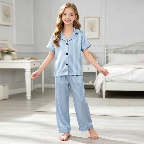 Boys Girls Toddler Pajamas Set Satin Spwear Striped Button Down Tops And Pants Pyjama 2 Piece Sets Children Loungewear J260606