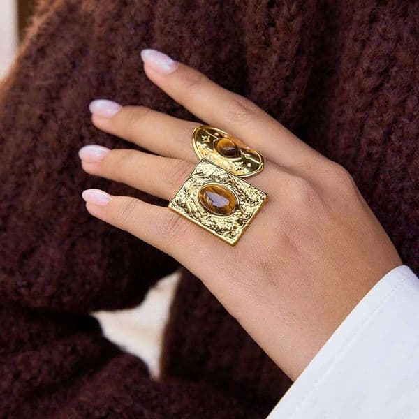 Uworld Vintage Tiger'S Eye Stone Hammer Pattern Geometric Square Open Ring For Women 18K Gold Plated Stainless Steel Rings
