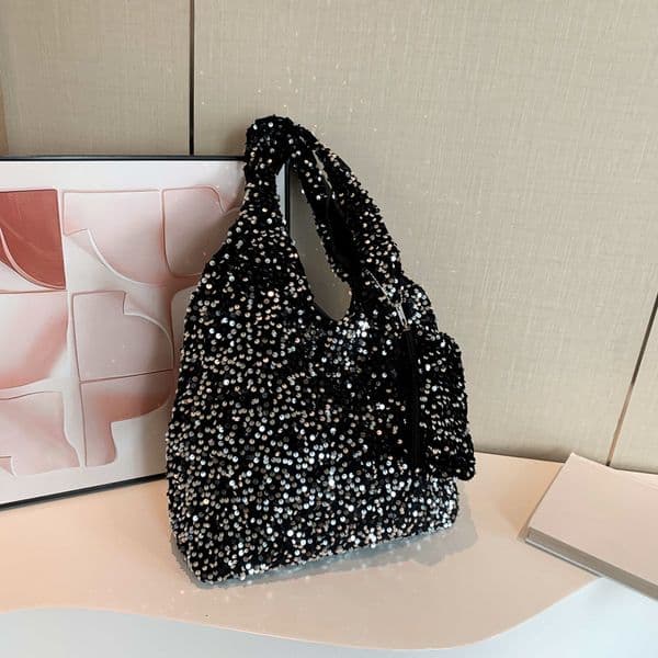 Large Capacity Commuter for Women, New Trendy Single Shoulder Underarm Bag, Versatile High-Quality Textured Sequin Shiny Tote Bag