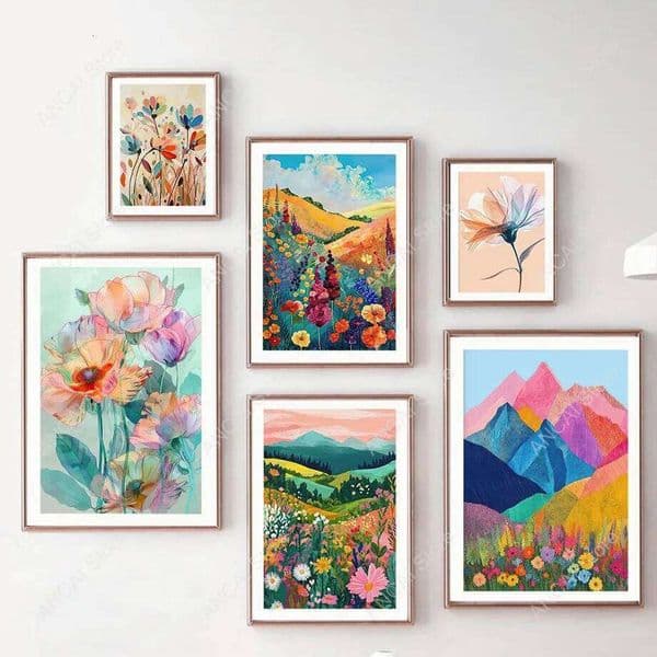 Abstract Illustration Distant Mountain Flowers Colorful Nature Landscape Posters Wall Art Canvas Painting Nordic Room Decor 26Y0606