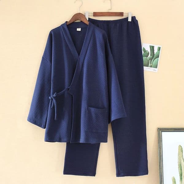 Mens Japanese Kimono Yukata Pajamas Set Air Layer Thickening Trousers Twopiece Suit Pijama Robe Plus Size 260605