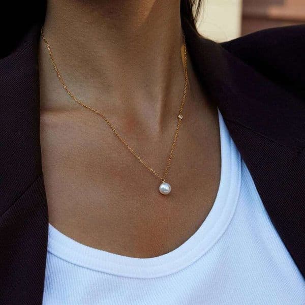 Uworld Classic Elegant 18K Gold Color Plated Stainless Steel Pearl Pendant Necklace White Round Zircon Women's Jewelry Party Gif