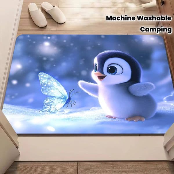 1-Piece Cute Penguin High-Definition Printed Doormat, Ultra-Fine Fiber, Water-Absorbent, Non-Slip Bathroom Mat, Machine Washable Polyester Mat