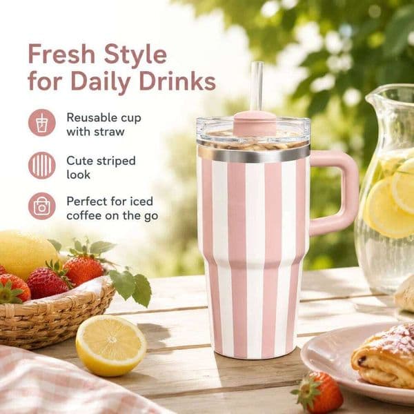 Striped Tumbler Handle and Straw, Reusable Travel Mug with Clear Lid, Cute Insulated Cup for Iced Coffee 26L0606