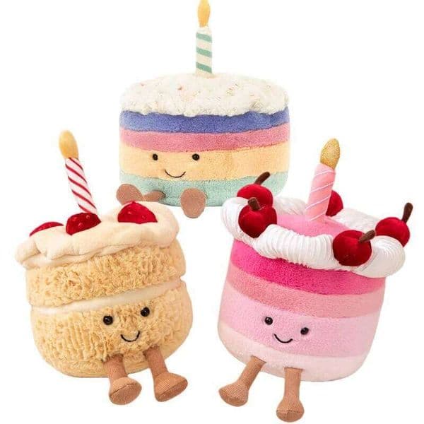 Kawaii Smile Cake Shaped Plush Toy Soft Stuffed Cherry Dessert Doll with Candle for Birthday Xmas Kids Cuddly Home Party Decor 26Y0606