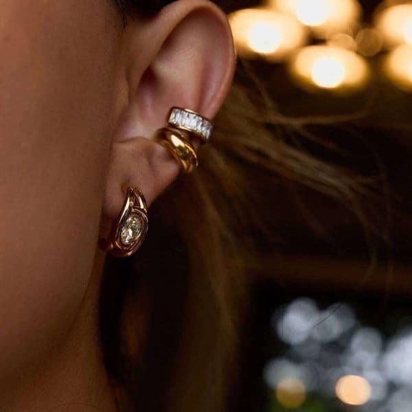 Uworld Minimalist White Zircon C-shaped 18K Gold Color Plated Stainless Steel Round Earrings Women's Accessories Party