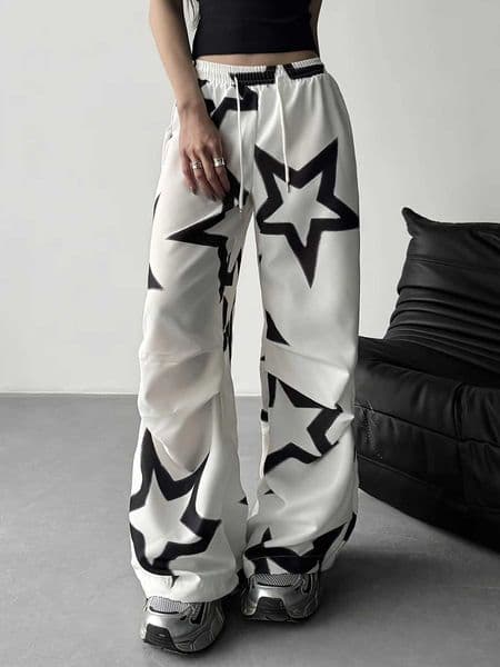 Fashion 3D White Star Pattern Mens and Womens Quick Drying Fabric Minimalist Aesthetics Loose Pants Suitable for All Seasons D260606