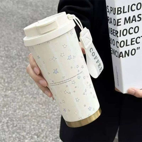 500ml Stars Print Coffee Thermos Cup 316 Stainless Steel Double Wall Vacuum Flask Portable Travel Mug with Handle Office School 26L0606