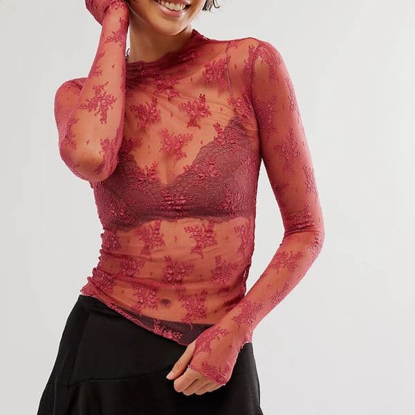 Hirigin Sheer Mesh Long Sleeve Layering Top for Women Mock Neck Floral Lace Tshirt See Through Tee Shirt Blouse 260604