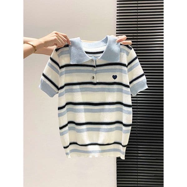 Polo Collar Color-Block Striped Knit Top For Women, New Summer Model With Heart Embroidery And Short Sleeves Knitted Short Sleeves Polo Shirt Ladies' Top