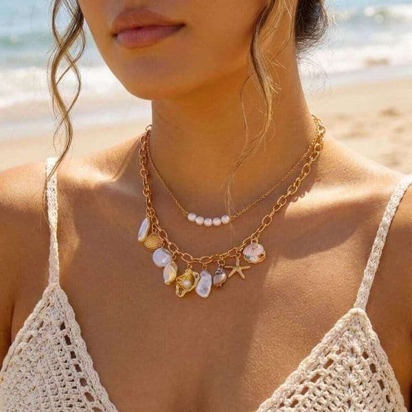 Vintage Shell Starfish Fishtail Clavicle Chain Necklace For Women Bohemian Rice Beads Choker Summer Beach Vacation Charm Jewelry