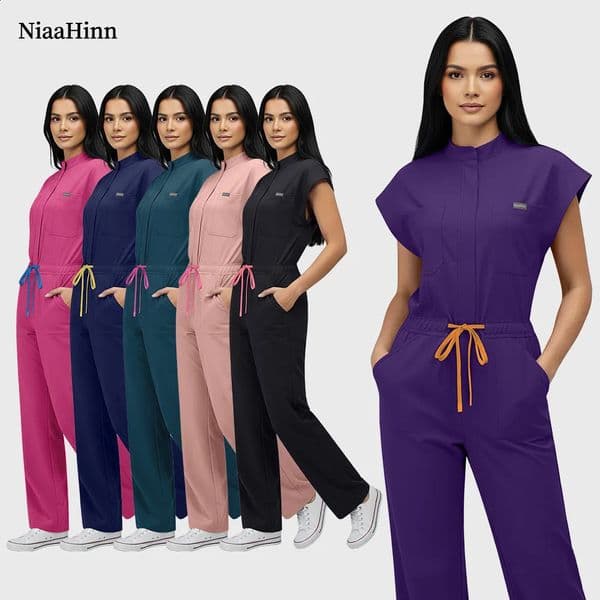 Niaahinn Operating Room Scrub Uniform Full Outfit Veterinary Nurse Uniform with Bat Sleeve One-Piece Pet Grooming Work Clothes 260605