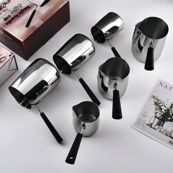 Coffee Milk Frothing Pitcher Jug Latte Art Cup 304 Stainless Steel Long Handle Anti-scalding Double-sided Scale Coffee Utensils 260605