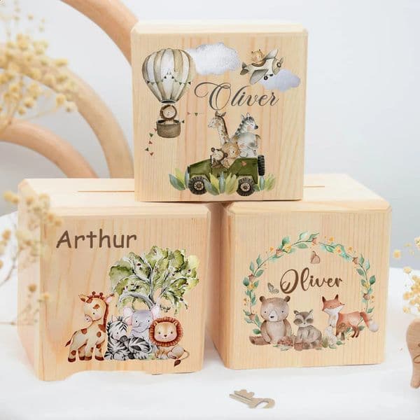 Personalized Money Box Animal with Name Kids Money Boxes Coin Collection Box Wooden Coin Bank Child Birthday Baptism Shower Gift 260605