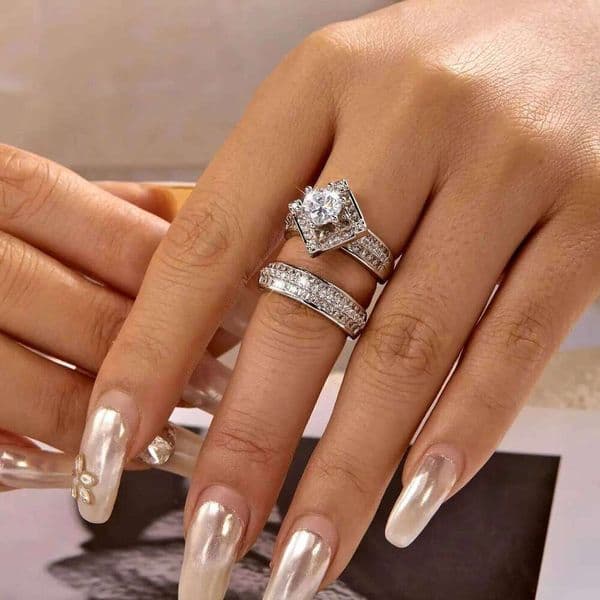 2Pcs Brilliant Square Zircon Promise Set for Women Elegant Vintage Luxury Stackable Finger Ring Anniversary Party Jewelry