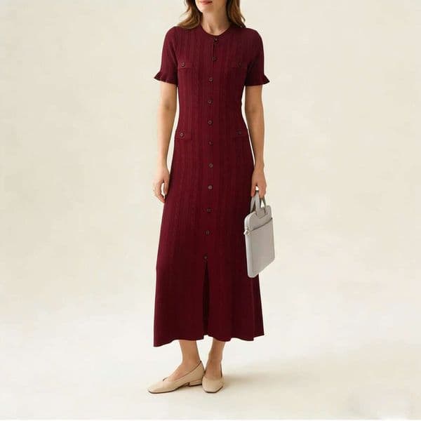 nd style elstic hollow-out knitted for women, summer single-brested slim-fit round-neck short-sleeve dress