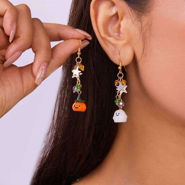 Cute Halloween Dangle for Women Cartoon Ghost Pumpkin Star Asymmetrical Long Tassel Earrings Party Statement Jewelry