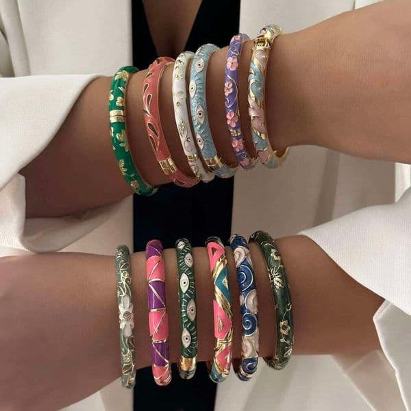 Colorful Metal Enamel Flower Bracelet For Women Ethnic Style Inlaid Zircon Floral Leaves Pattern Bangle Party Wedding Jewelry