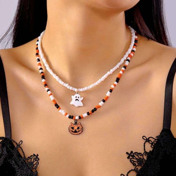 Halloween Mixed Color Rice Beads Necklace for Women Ghost Pumpkin Skull Black Bat Pendant Beaded Clavicle Choker Party Jewelry