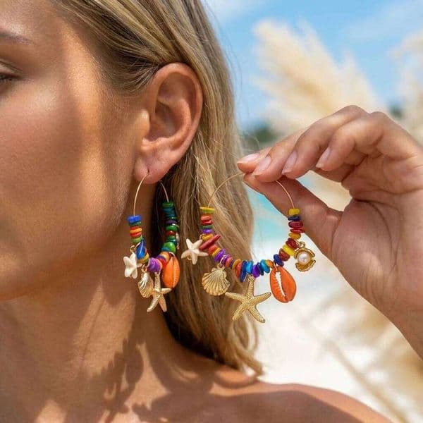 Colorful Irregular Stone Hoop for Women Y2K Boho Starfish Shell Dangle Earrings Summer Beach Vacation Festival Jewelry