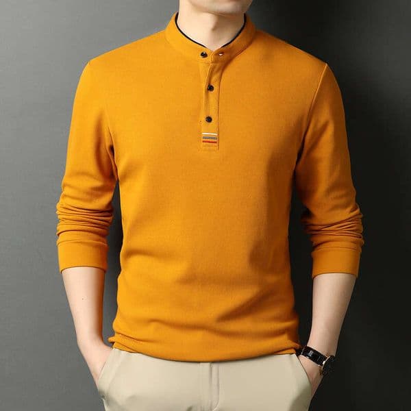 2025 Spring and Autumn Thin Men's Long Sleeve T-Shirt Pure Cotton Stand Collar Top Middle-aged Business Casual T-shirt Base Shirt for Men 090