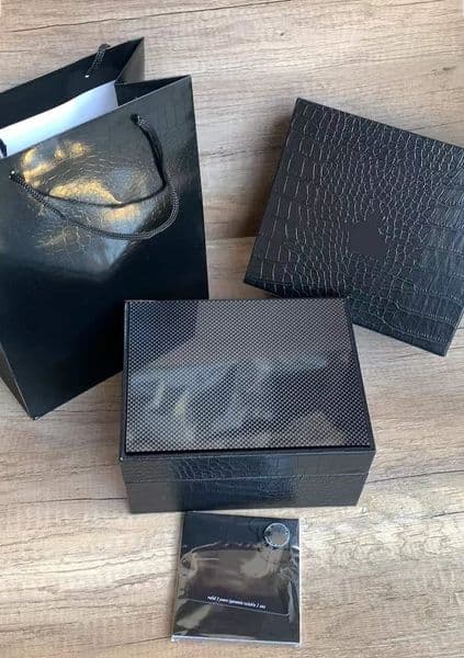 Premium Hard Shell Wristwatch Packaging Set Blue Weave Texture Storage Box with Matching Black Paper Bag and Accessory Hang Tags