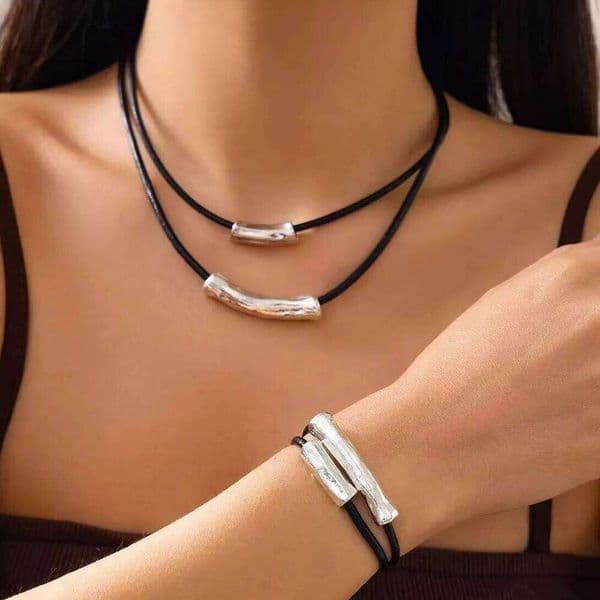 Lacteo Ethnic Trendy Double-layer Black Leather Wax Thread Adjustable Necklace Bracelet Set Daily Versatile Aesthetic Jewelry