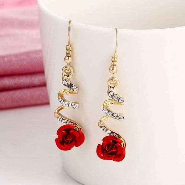 New Fashion Red Rose Drop Earrings Women Vintage Rhinestone Flowers Dangle Earring Weddings Engagement Party Jewelry