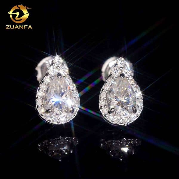 Luxurious women's 925 silver pear-shaped silicon stone earrings, screw-back, passes diamond tester, hip-hop earrings